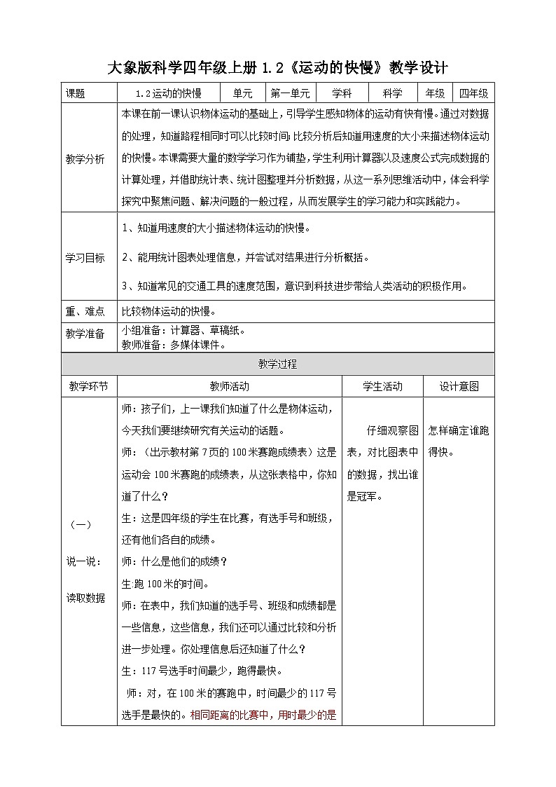 1.2运动的快慢 教学设计+反思第1页