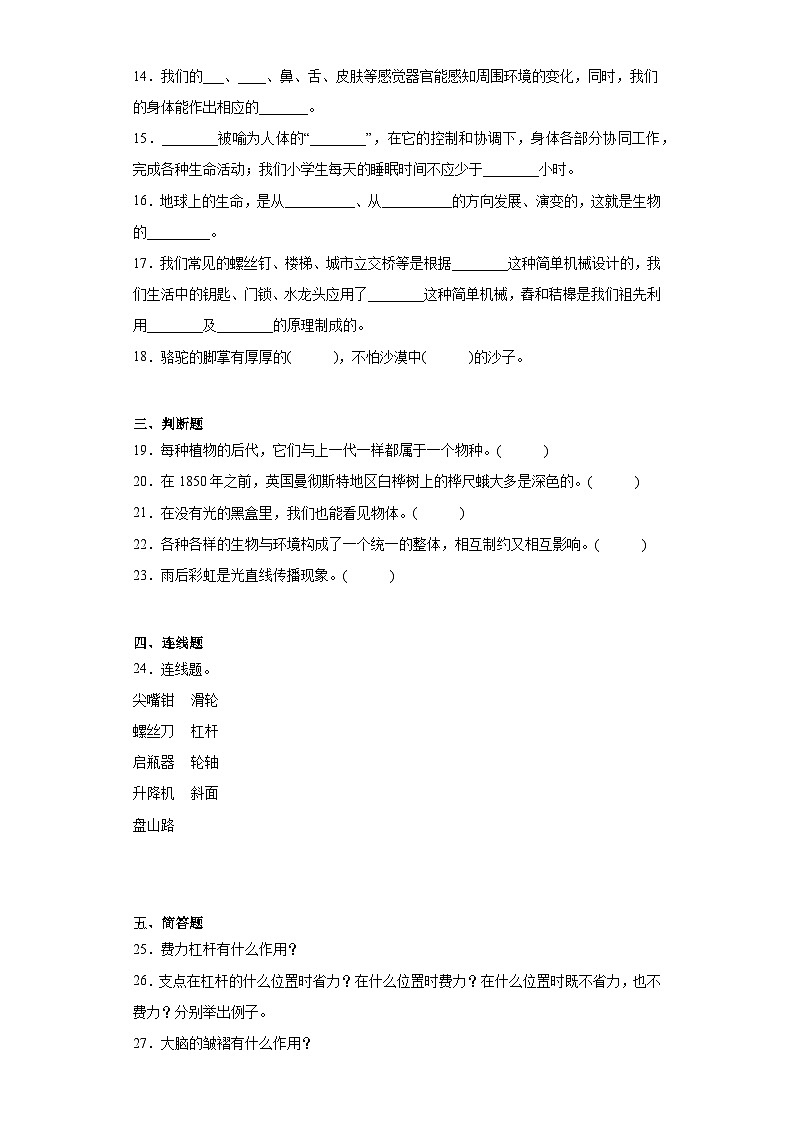 粤教版六年级上册科学期末测试题(含答案)02