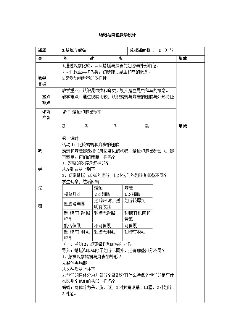 粤教版科学三年级上册2.蜻蜓与麻雀 教学设计第1页