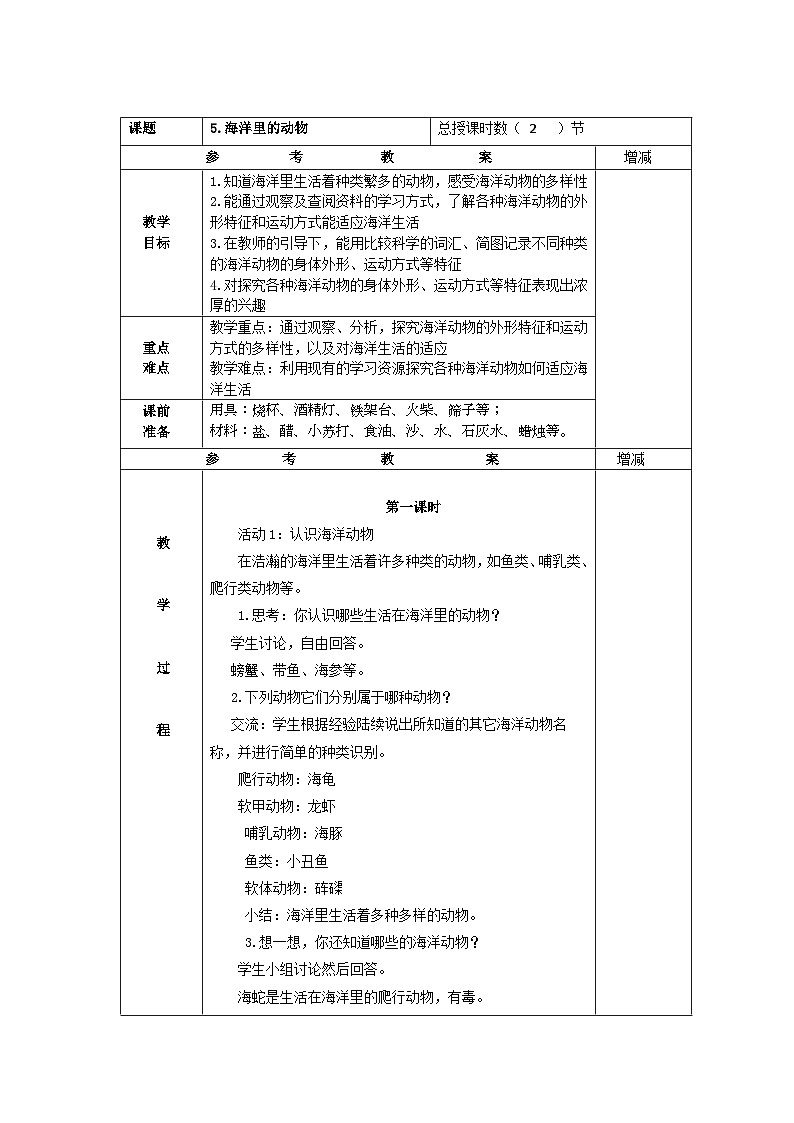粤教版科学三年级上册5.海洋里的动物 教学设计第1页