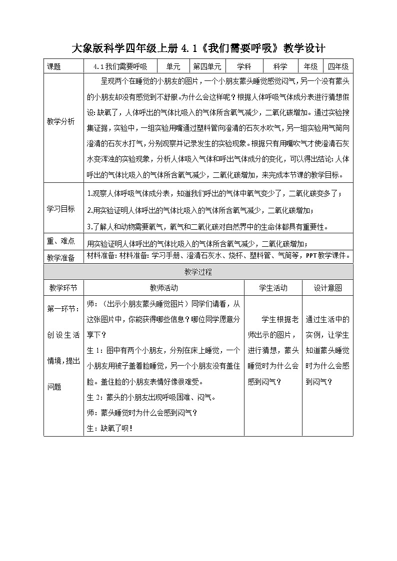 大象版科学四年级上册4.1我们需要呼吸 课件+教案+课件练习01