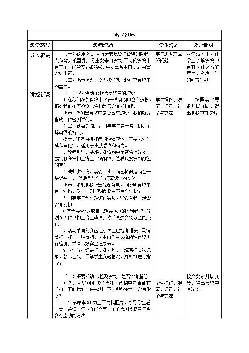 【核心素养目标】教科版小学科学四年级上册 2.5《食物中的营养》教案(含教学反思)第2页