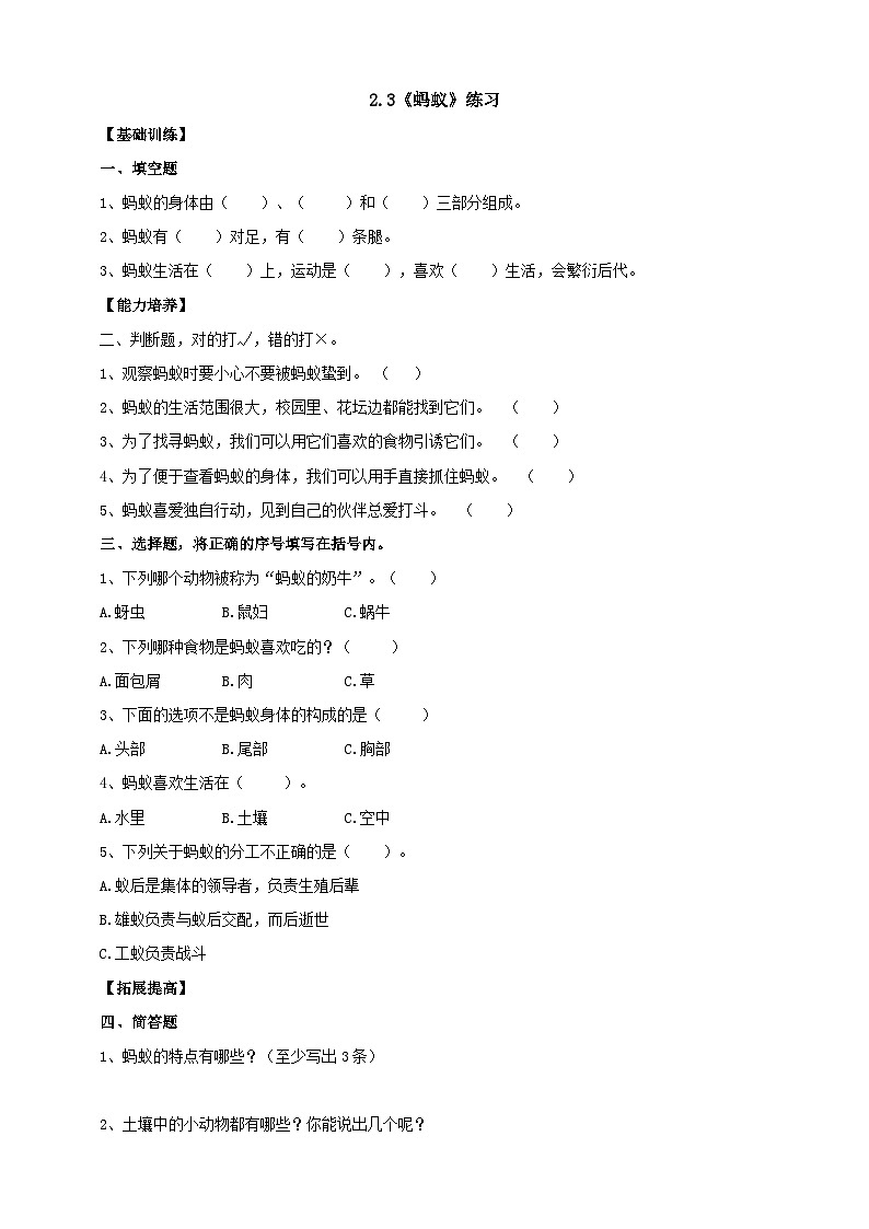 【分层练习】大象版(2017)科学一年级上册--2.3《蚂蚁》分层练习01
