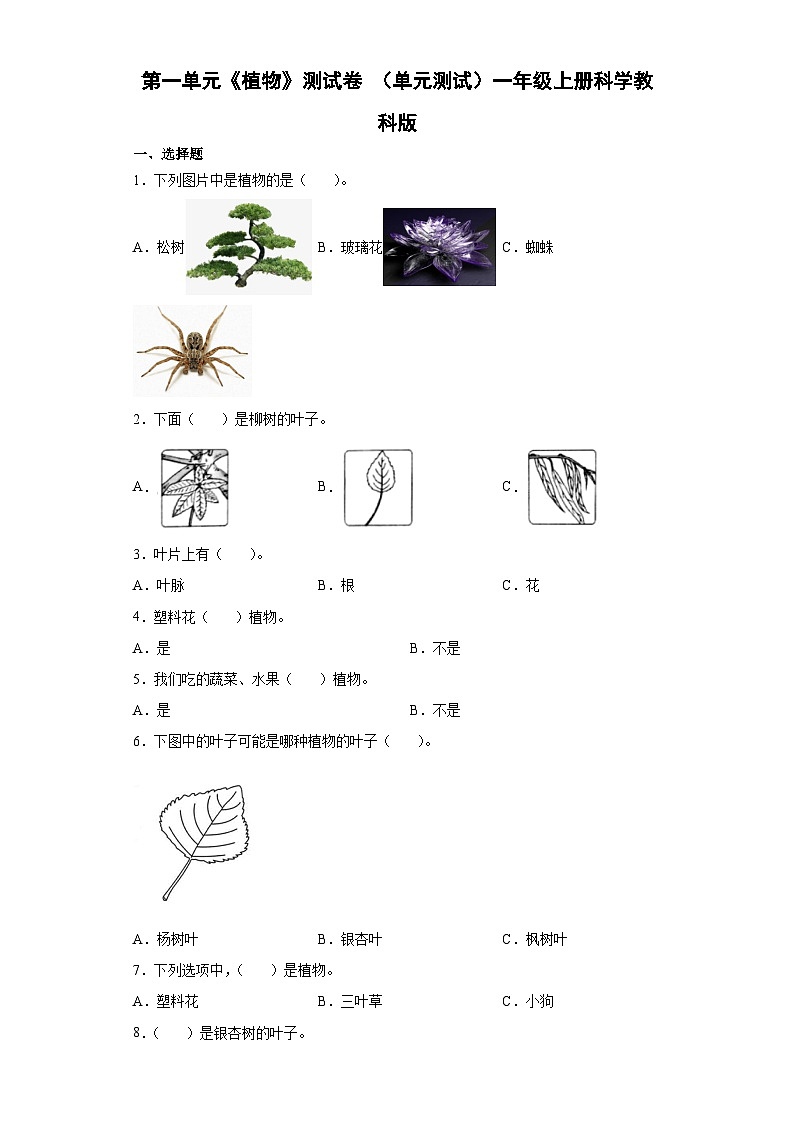 【单元测试】教科版(2017)科学一年级上册--第一单元 植物 单元测试卷1(含答案)第1页