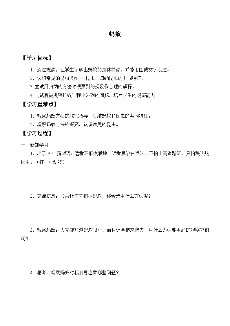 【同步學案】大象版(2017)科學一年級上冊-- 2.3螞蟻 學案第1頁