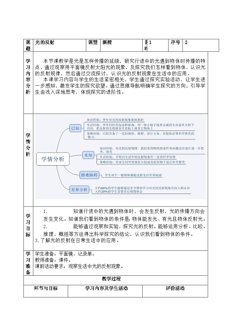 【同步教案】青岛版(六三制)科学五年级上册-2.《光的反射》教案第1页