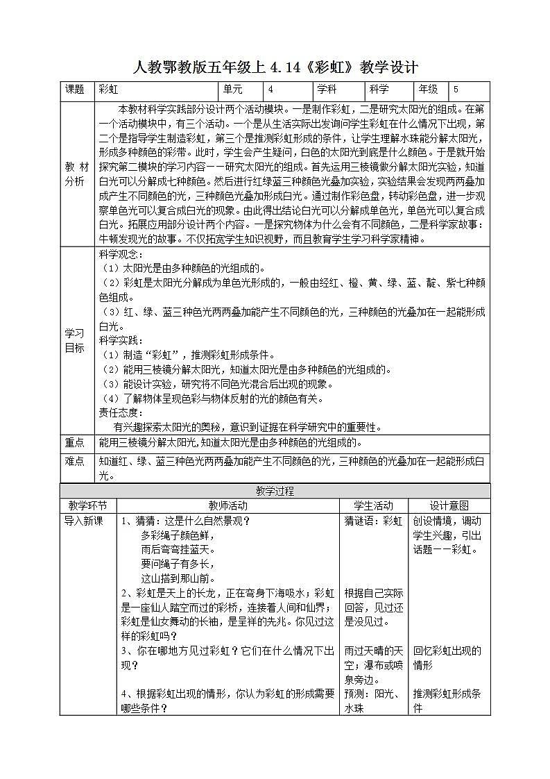 【核心素养】人教鄂教版科学五上 4.14《彩虹》教案第1页