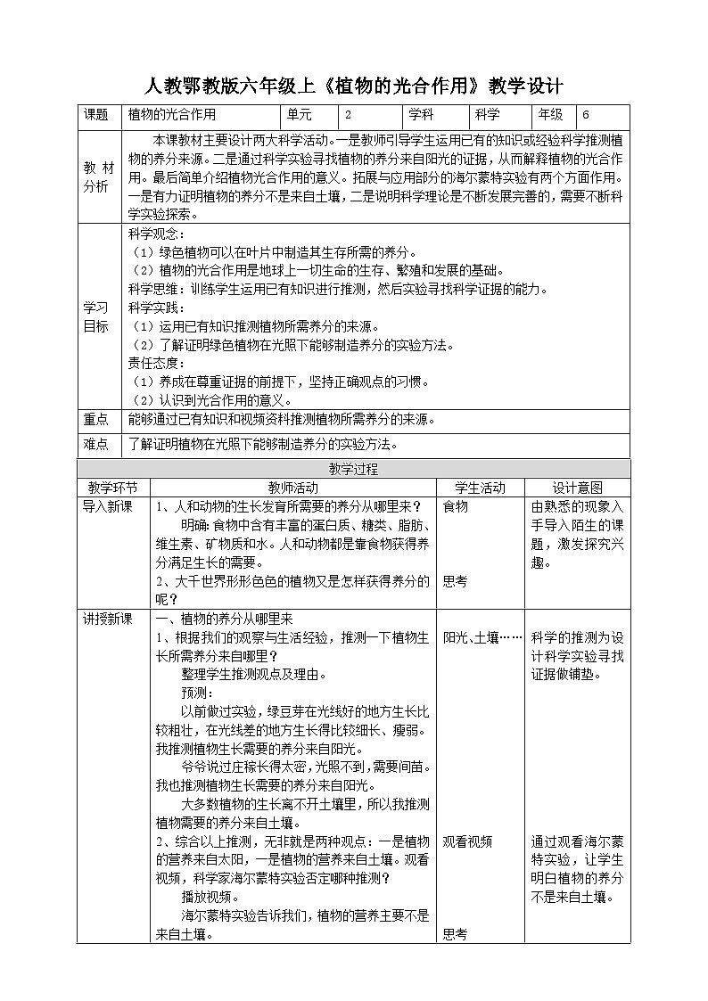 【核心素养】人教鄂教版科学六上 2.5《植物的光合作用》教案01
