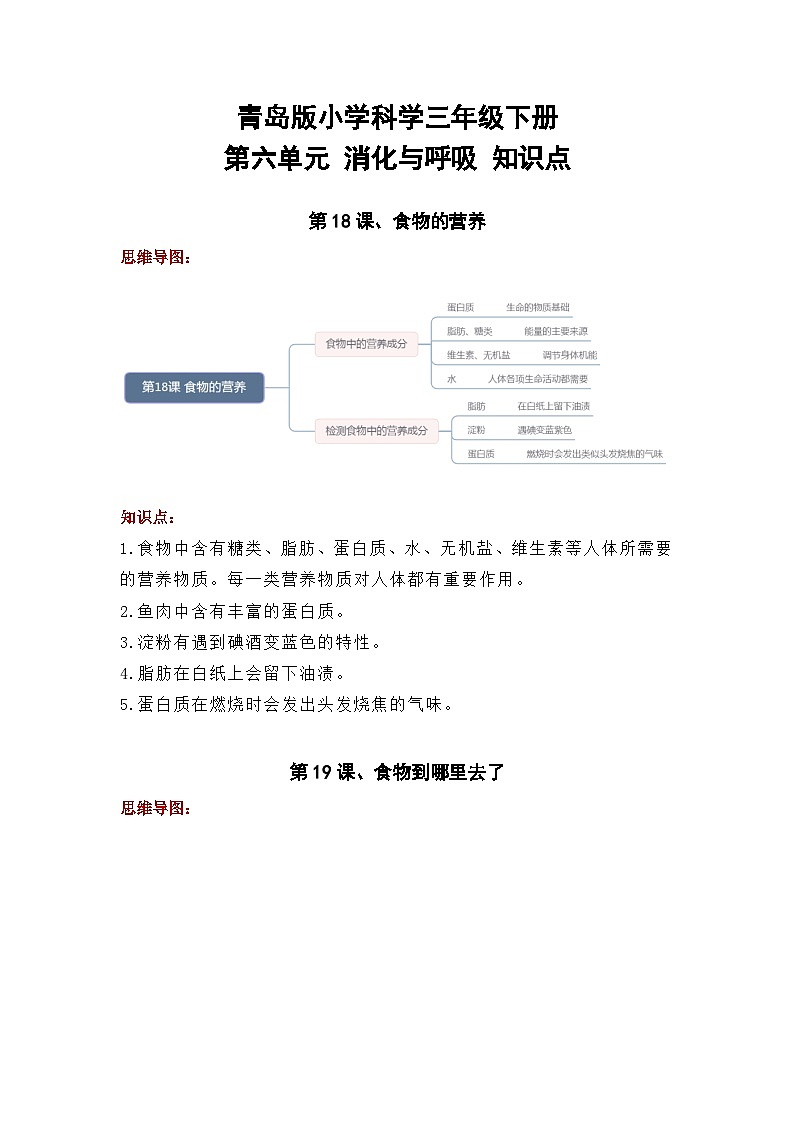 【单元复习讲义】青岛版科学三年级下册-第六单元《消化与呼吸》讲义(知识点总结+思维导图)第1页