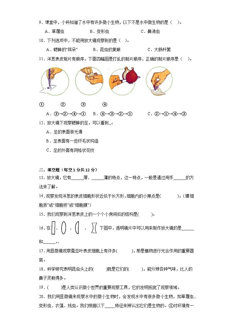 教科版六年级科学上册第一单元微小世界达标检测(C)卷附答案02