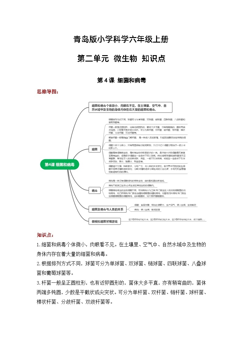 【期中知识复习】青岛版科学（六三制）六年级上册-第二单元《微生物》知识点学案+思维导图01