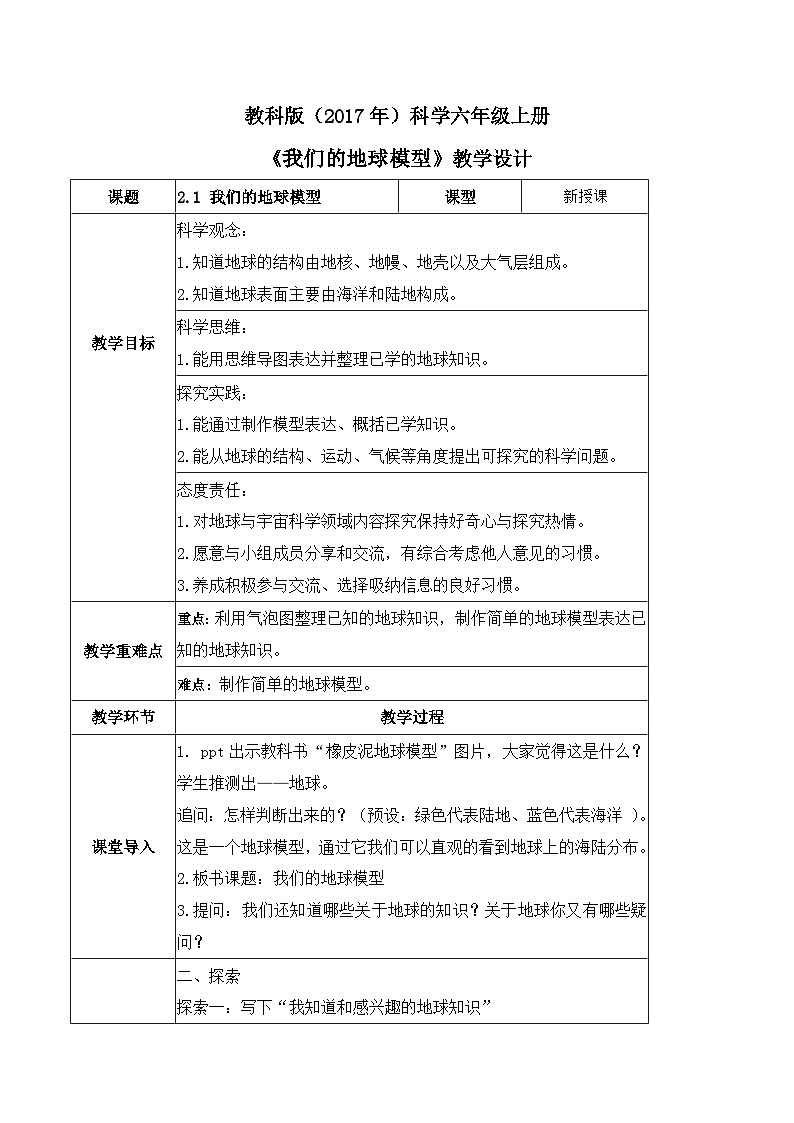 2.1 我们的地球模型(教案)-2023-2024学年六年级科学上册同步备课(教科版)第1页