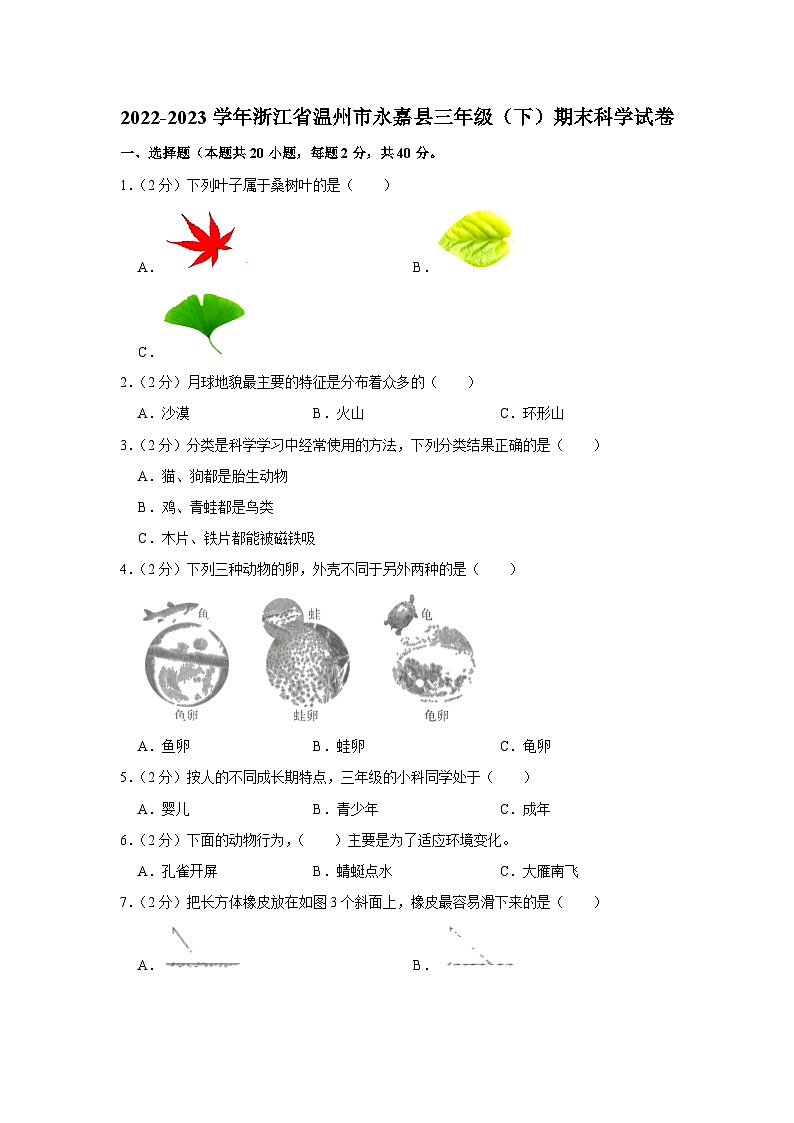 浙江省温州市永嘉县2022-2023学年三年级下学期期末检测科学试题第1页