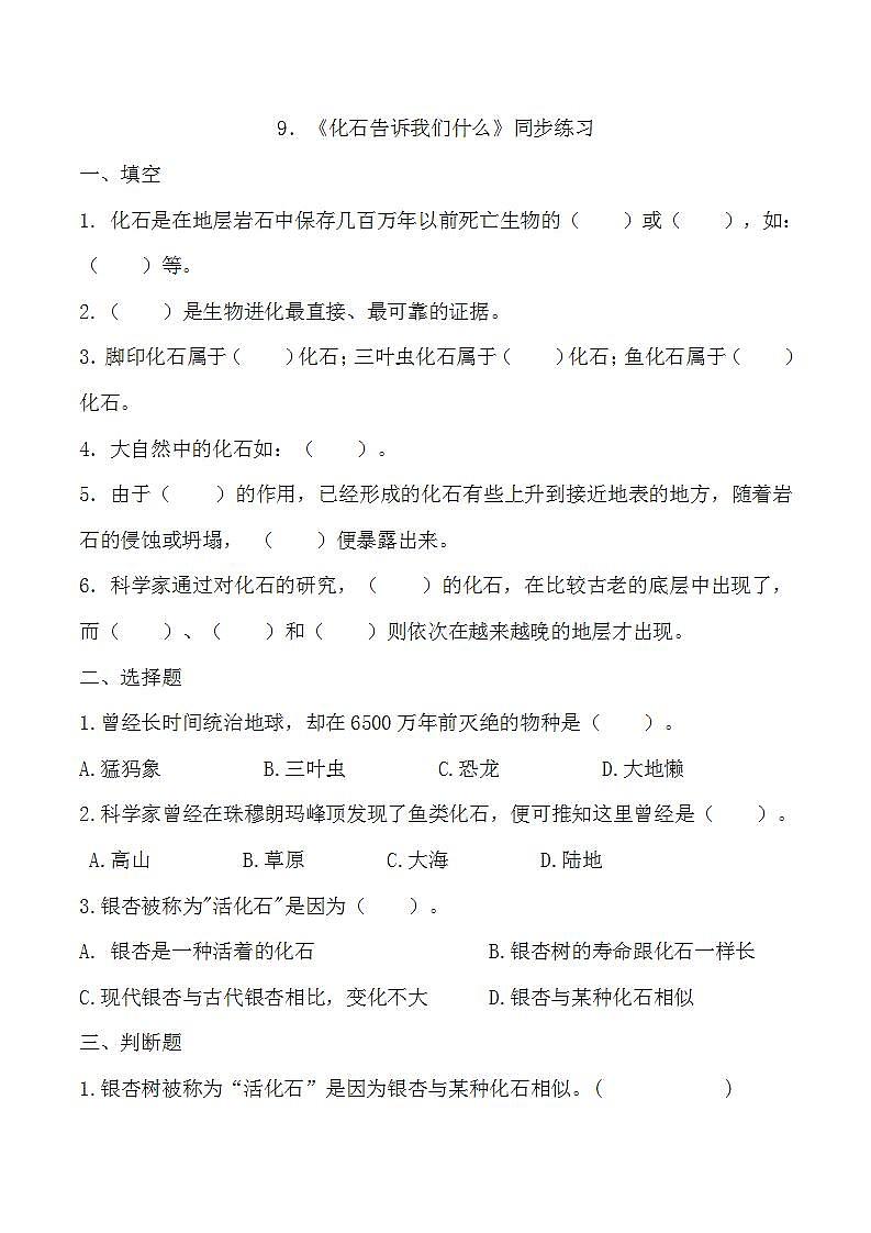 苏教版小学六年级上册 第9课 化石告诉我们什么 教学课件+同步练习+同步教案01