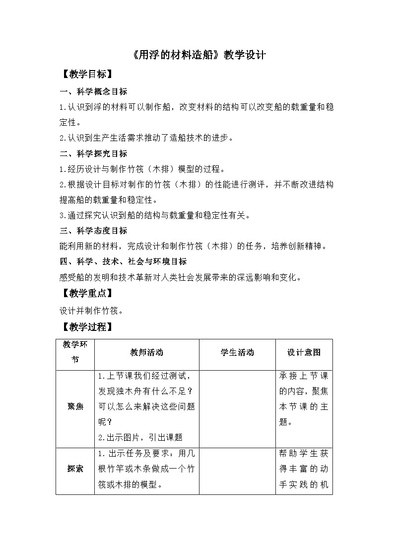 2.2用浮的材料造船(教案) 五年级下册科学 教科版第1页