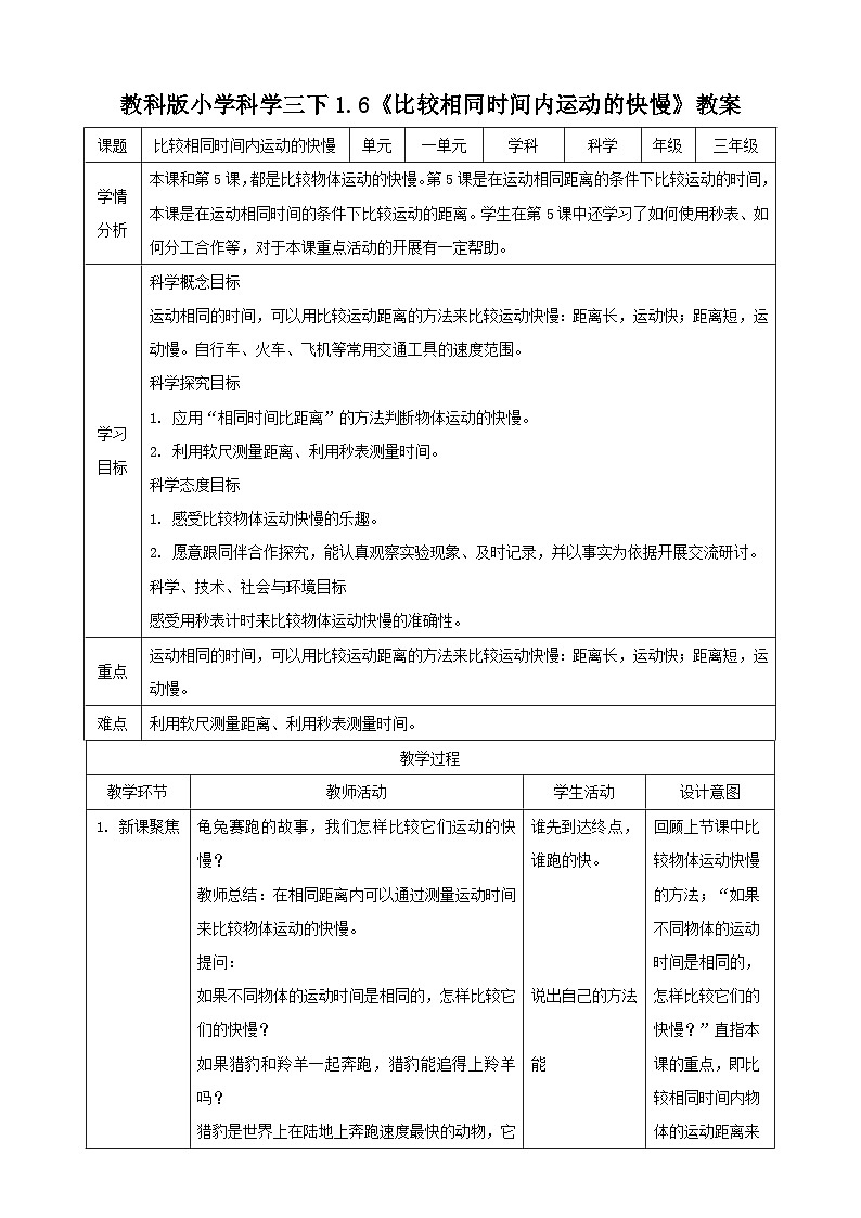 【核心素养】1.6《比较相同时间内运动的快慢》课件+教案(教科版科学三下)01