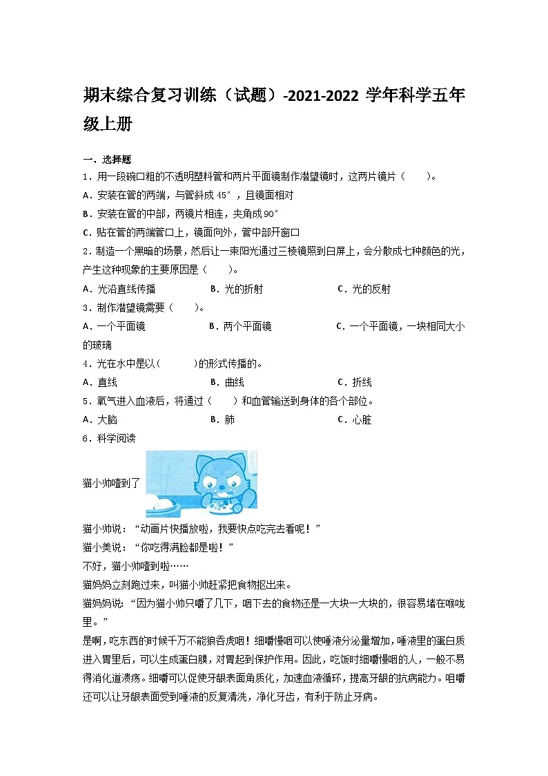湘科版科学五年级上册期中期末复习资料 试卷知识点练习01