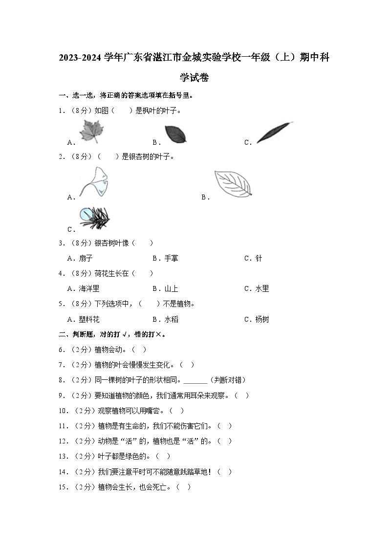 广东省湛江市金城实验学校2023-2024学年一年级上学期12月期中科学试题01