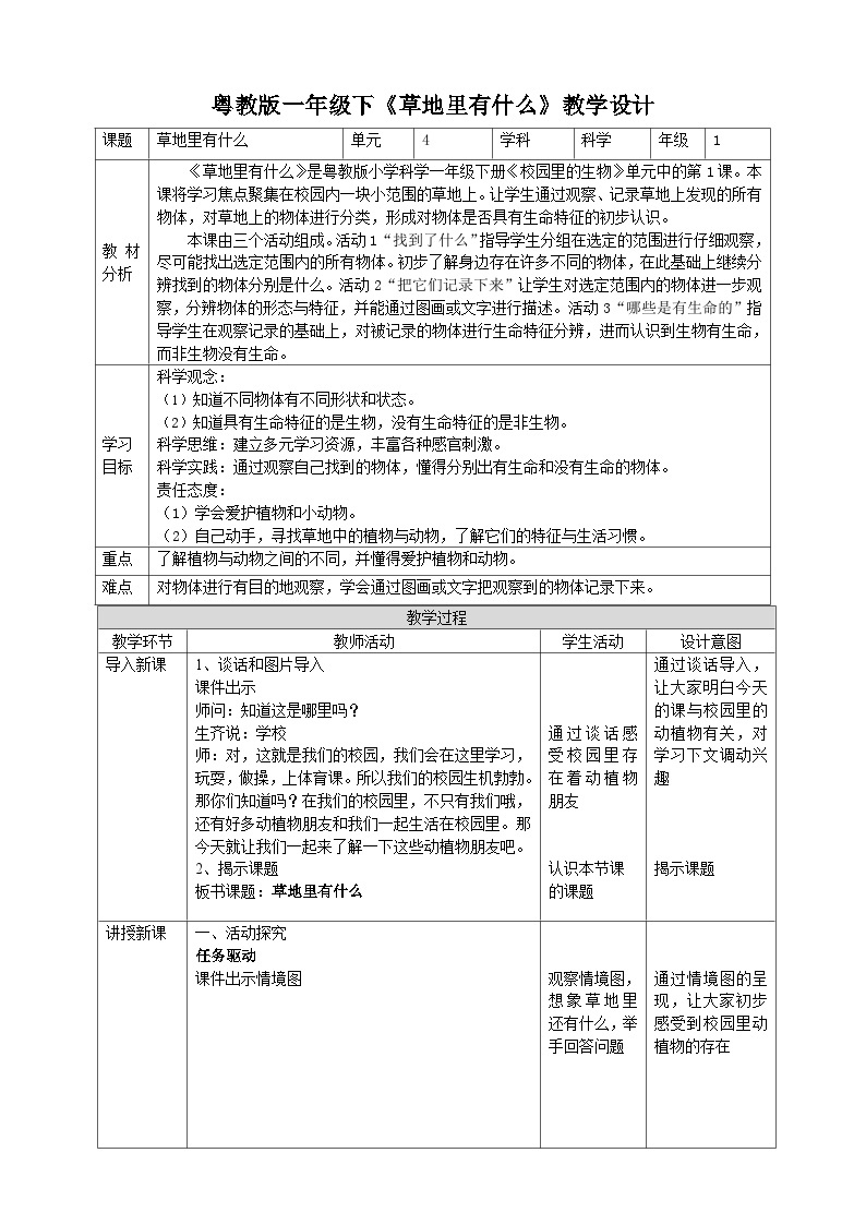 【粤教粤科版】一下科学  4.11《草地里有什么》课件+教案+练习01