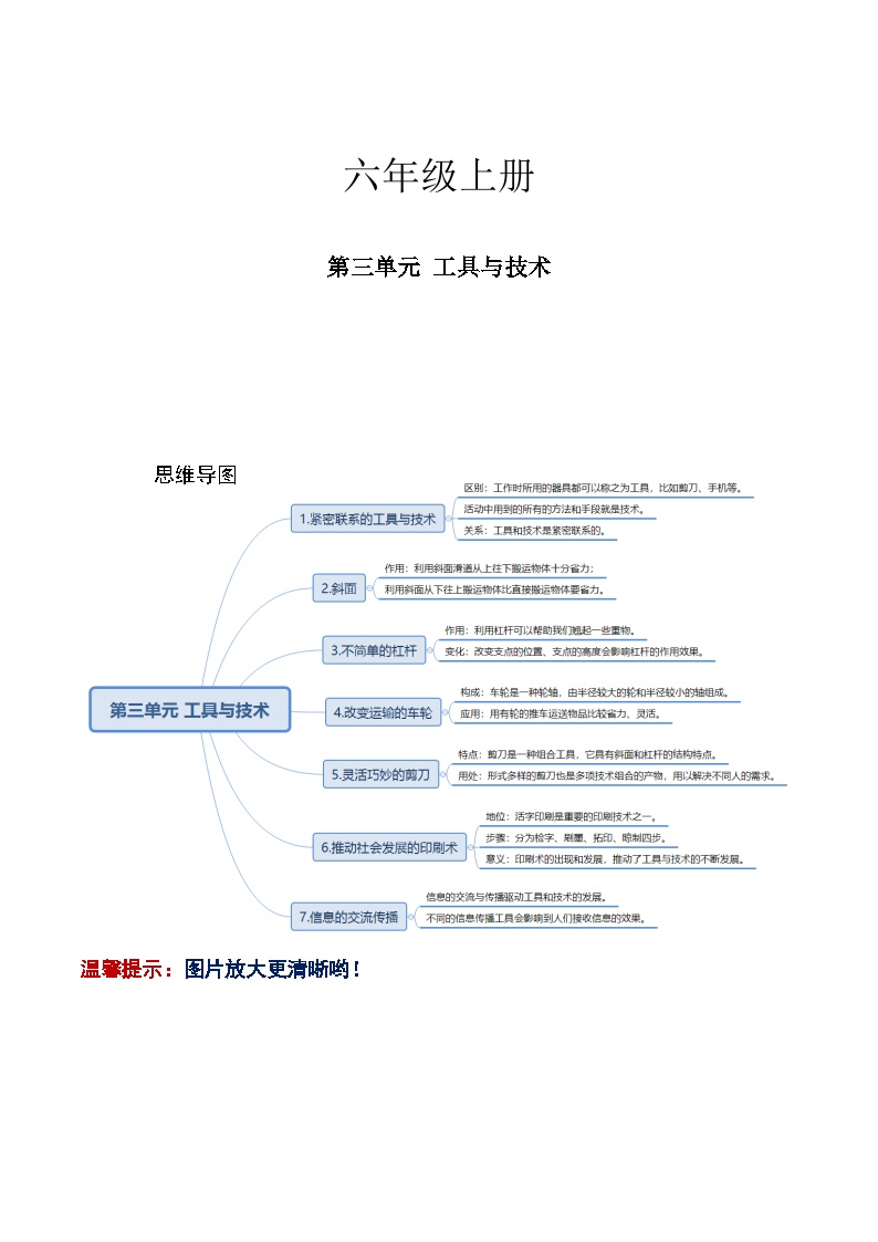 【寒假提升】教科版 小学科学 2023-2024学年 六年级 寒假专项训练 第三单元 工具与技术-练习