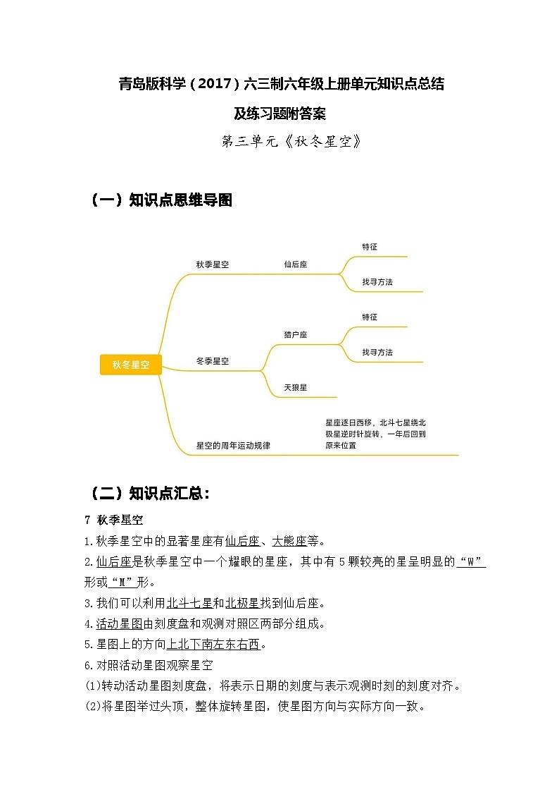 青岛版科学(2017)六三制六年级上册第3单元《秋冬星空》知识点总结及测试题第1页