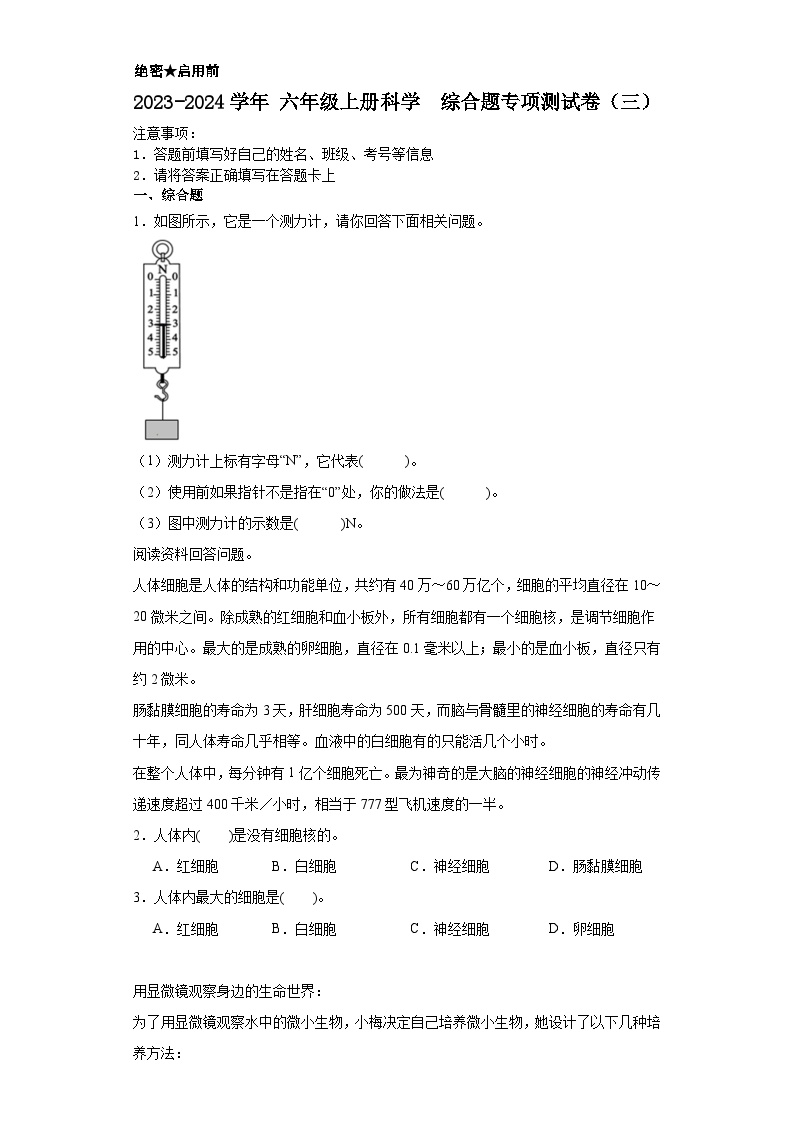 2023-2024学年+六年级上册科学+++综合题专项测试卷（三）（教科版）（含解析）