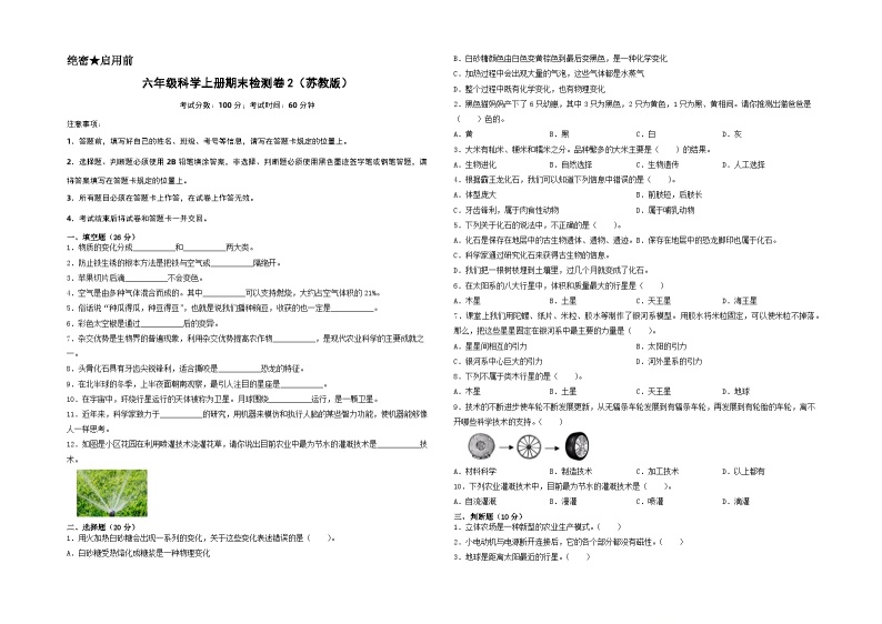 2023-2024学年六年级科学上册期末全真模拟提升卷（二）（苏教版）01