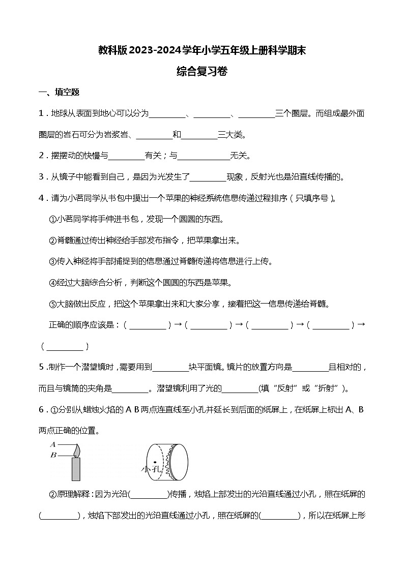 教科版2023-2024学年小学五年级上册科学期末综合复习卷(附答案)01