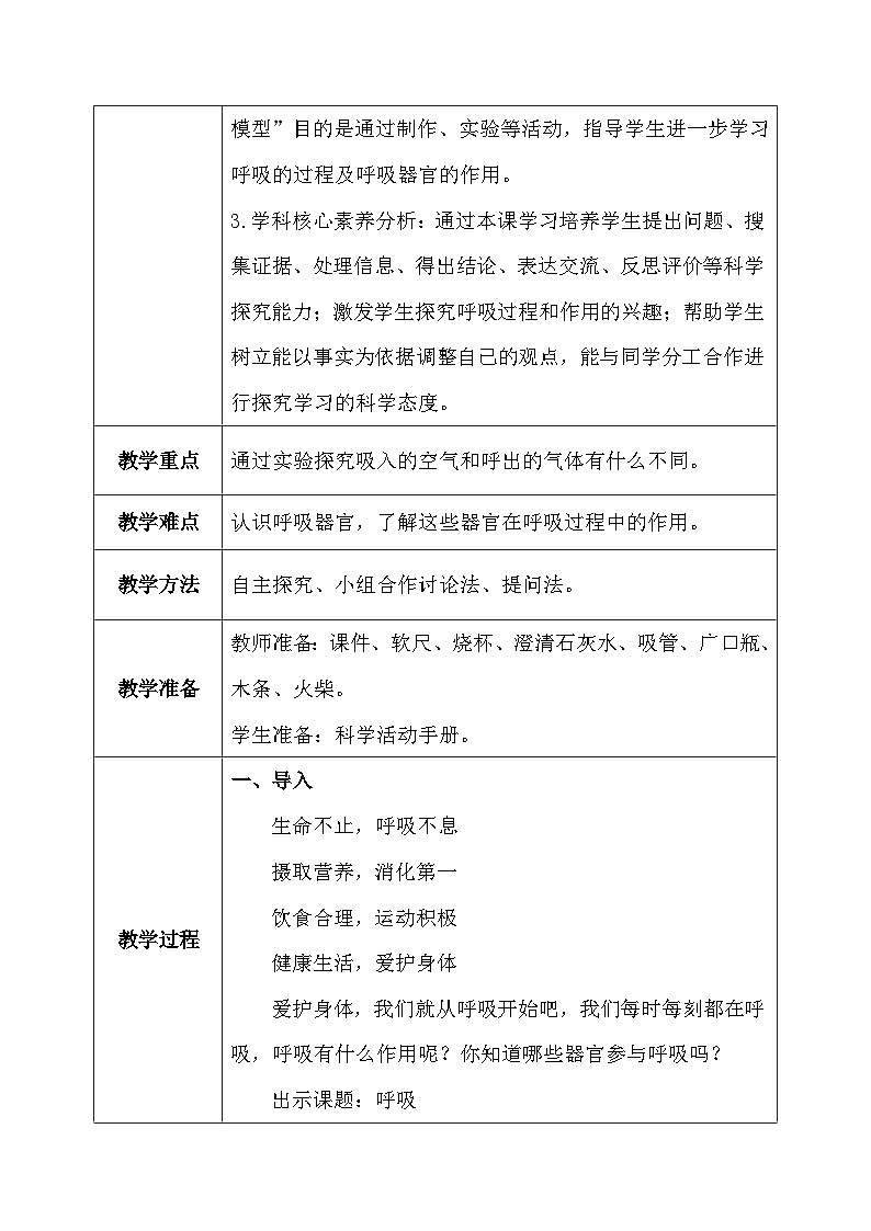 【核心素养】冀教版小学科学四年级下册 11.呼吸 教案 - 副本03