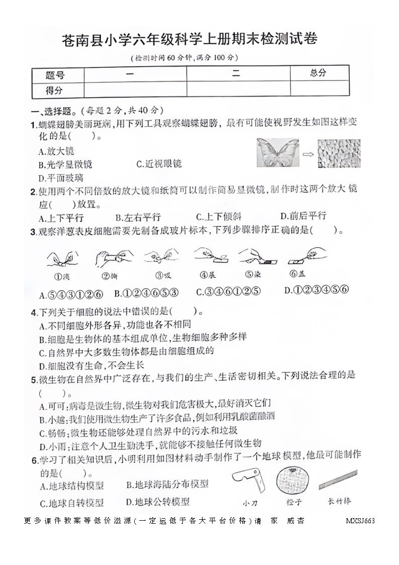 39，浙江省温州市苍南县2022-2023学年六年级上学期学业质量测评科学试卷