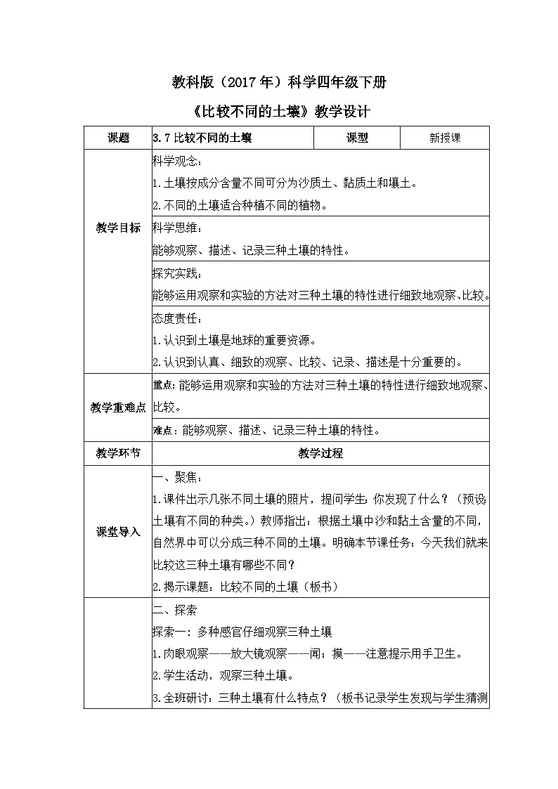 教科版科学四年级下册 3.7 比较不同的土壤 同步教案第1页