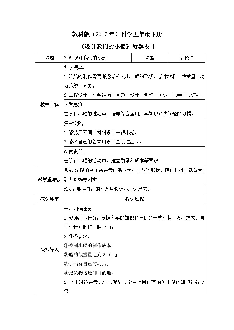 教科版科学五年级下册2.6《设计我们的小船》课件+教案+练习01