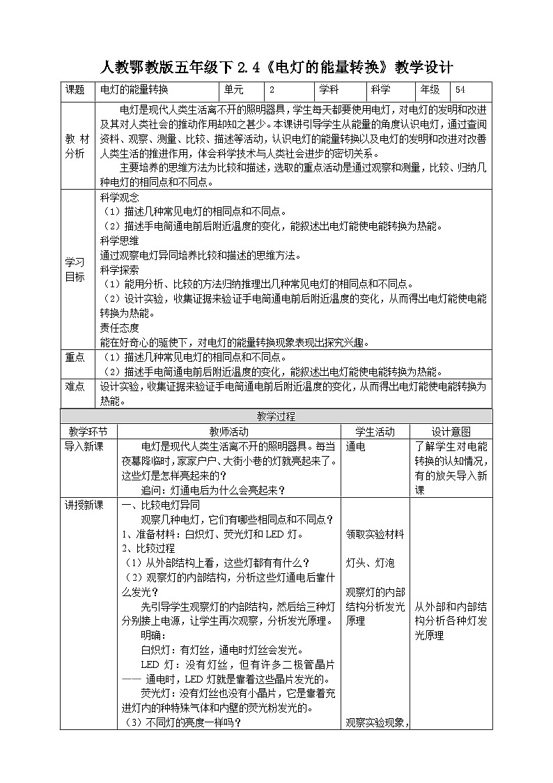 【核心素养】人教鄂教版科学五年级下册2.4《电灯的能量转换》课件+教案+分层练习01