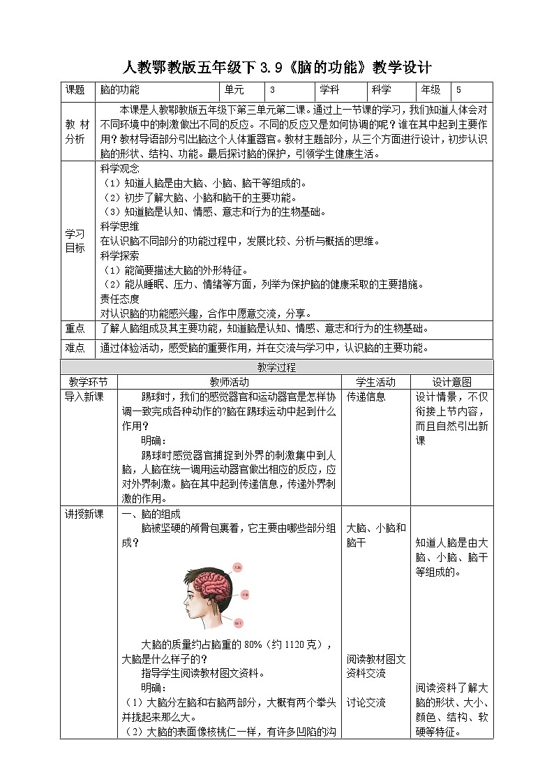 【核心素养】人教鄂教版科学五年级下册3.9《脑的功能》课件+教案+分层练习01