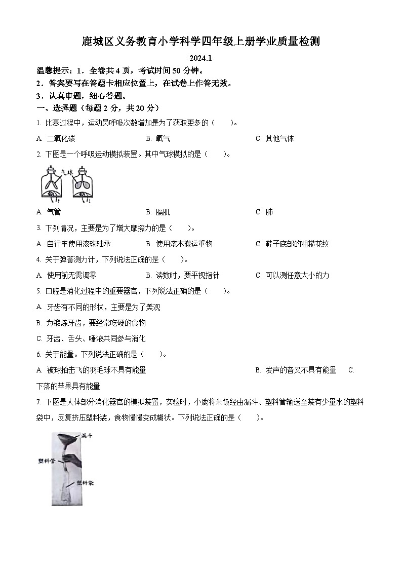 2023-2024学年浙江省温州市鹿城区教科版四年级上册期末考试科学试卷(原卷+解析)01
