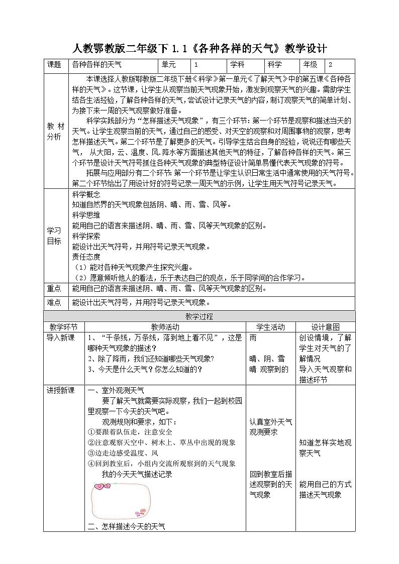 【核心素养目标】1.1《各种各样的天气》教案第1页