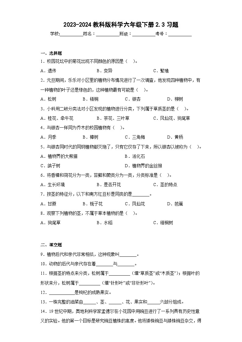 2023-2024教科版科学六年级下册2.3习题01