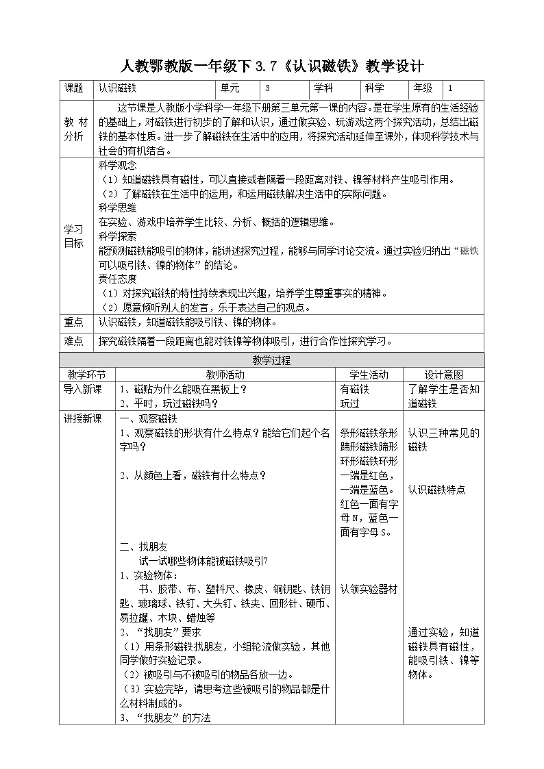 【核心素养】人教鄂教版科学一年级下册3.7《认识磁铁》课件+教案+分层练习01