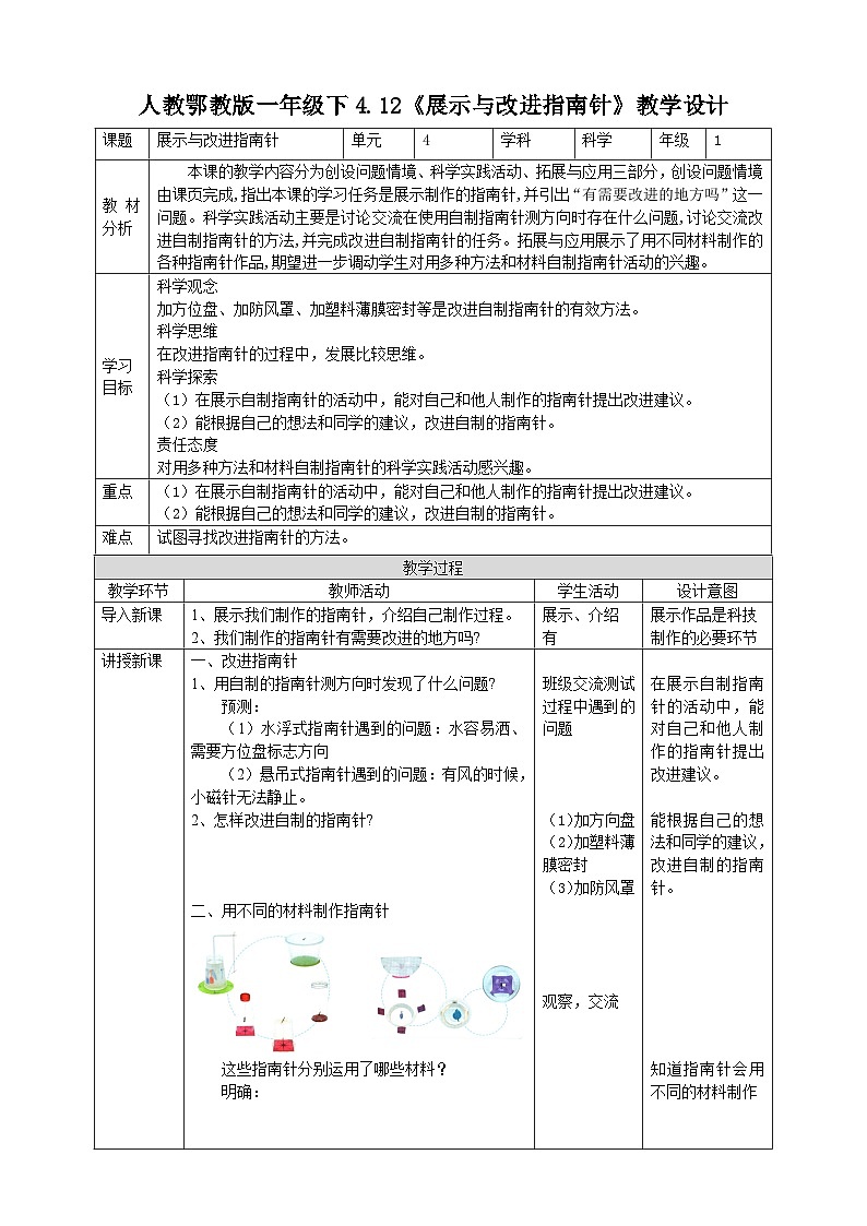 【核心素养】人教鄂教版科学一年级下册4.12《展示指南针》课件+教案+分层练习01