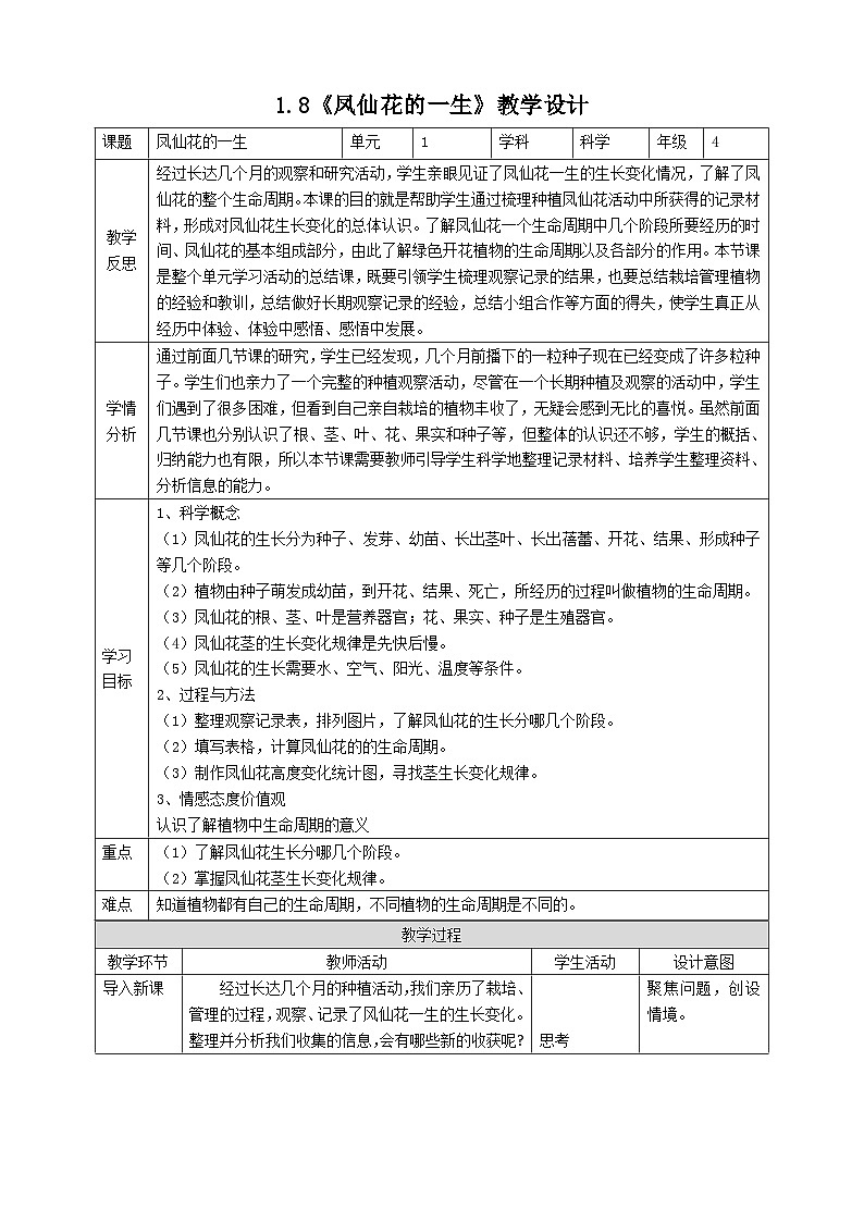 新教科版四年级下册科学1.8《凤仙花的一生》教案(定稿)01