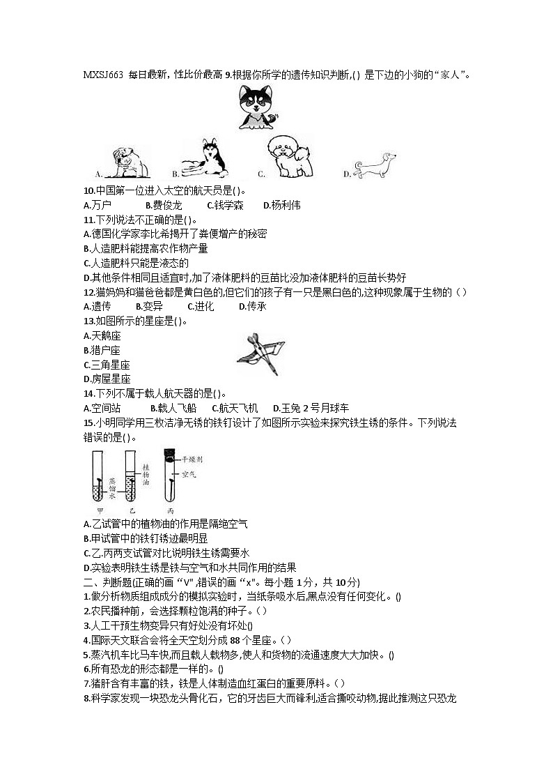 四川省广安市武胜县2023-2024学年六年级上学期期末考试科学试题(1)第2页