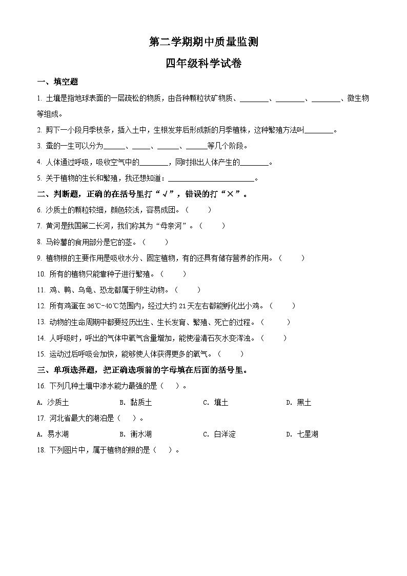 冀人版科学四年级下册 期中检测卷1(含答案)01