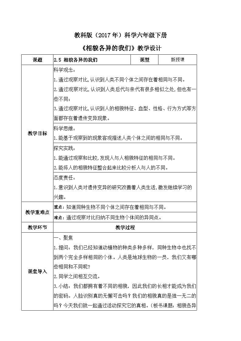 第5课 相貌各异的我们(教学设计)-2023-2024学年六年级科学下册同步精品课堂系列(教科版)第1页