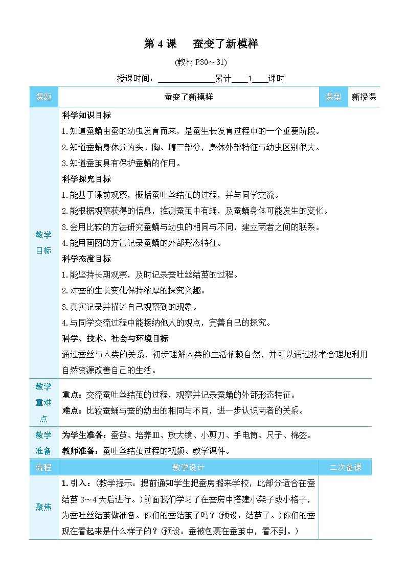 教科版科学三年级下册第4课 蚕变了新模样教案01
