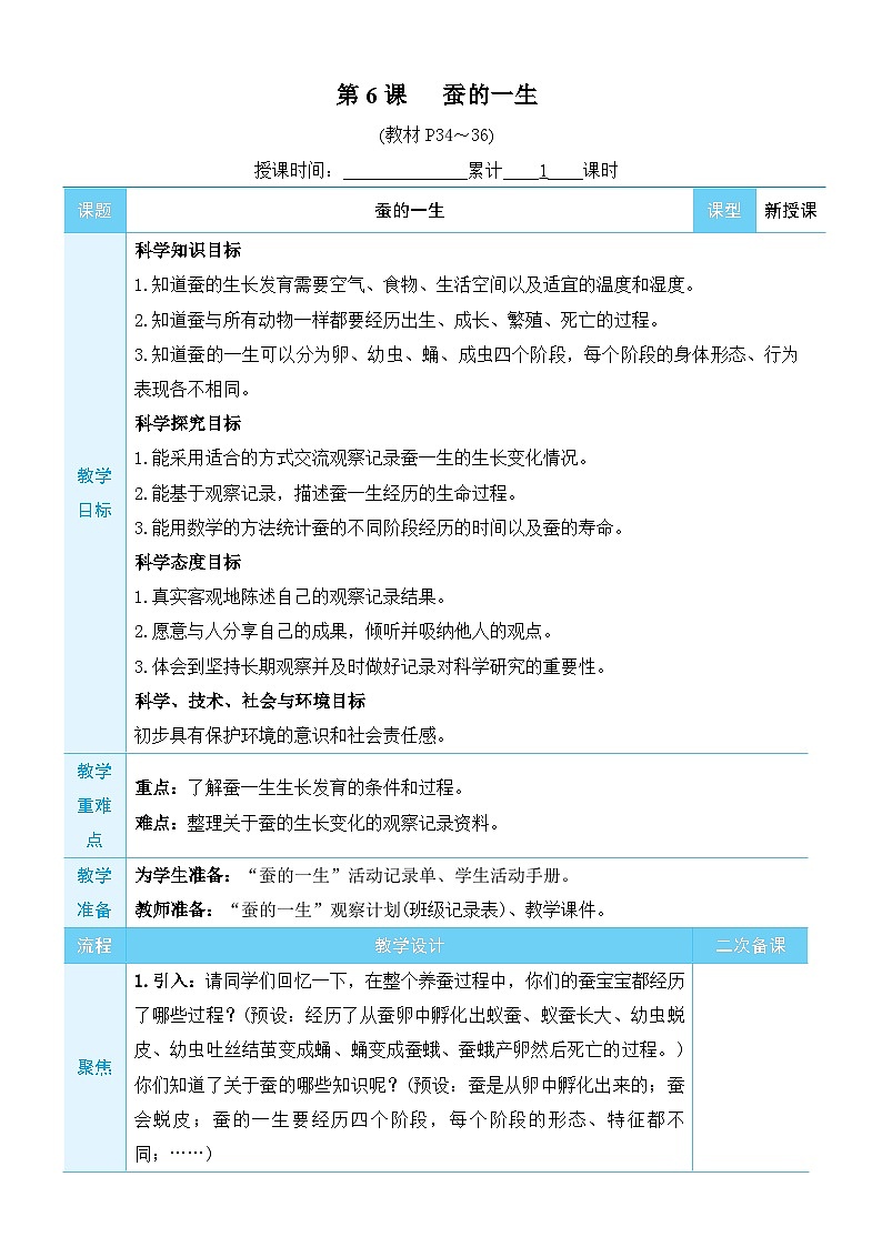 教科版科学三年级下册第6课 蚕的一生教案第1页