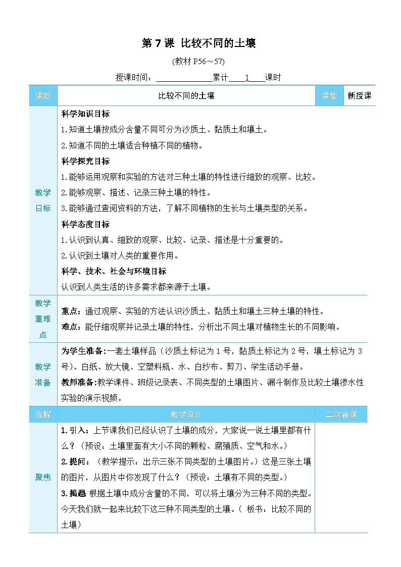 教科版四年级下册科学第7课 比较不同的土壤教案第1页