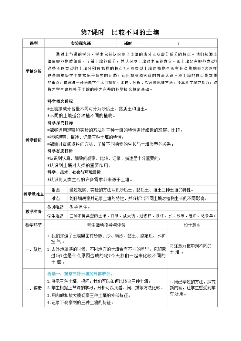 教科版四年级下册科学第7课时  比较不同的土壤教案01