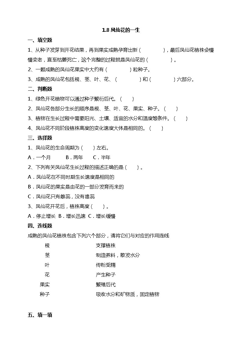 1.8《凤仙花的一生》试题(含解析)教科版(2017)四年级科学下册01