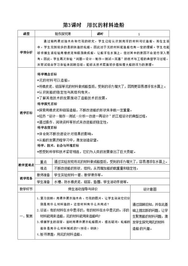 教科版五年级下册科学第3课时  用沉的材料造船教案01