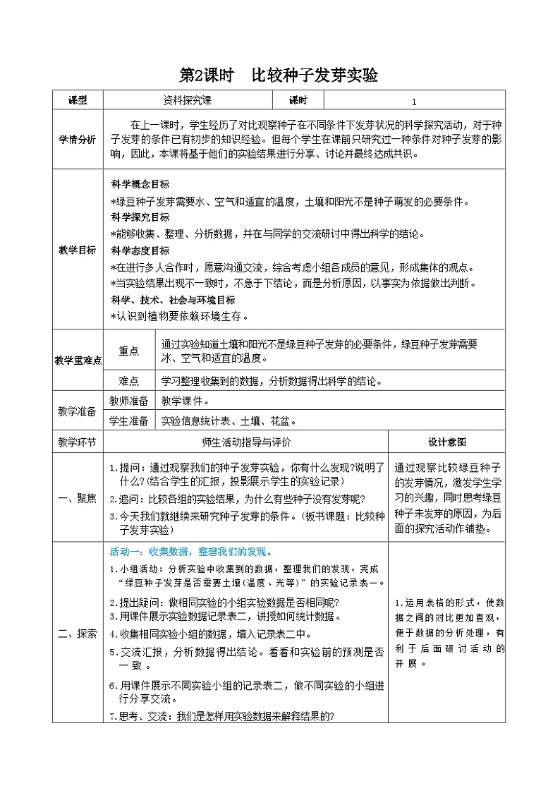 教科版五年级下册科学第2课时  比较种子发芽实验教案第1页